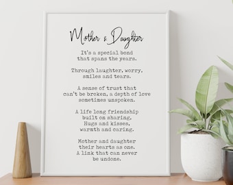 Mother and Daughter Poem Print, Gift for Mum, Gift for Daughter, Beautiful Poem for Mum - Mothers Day Gift Poster Print - Various Sizes