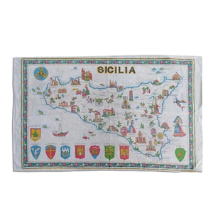 Sicile vintage tenture murale voyage vacances thème tapis Kilim décoration ancienne antique design maison Dolce Vita Italie carte historique des années 70, 80, voyage des années 60