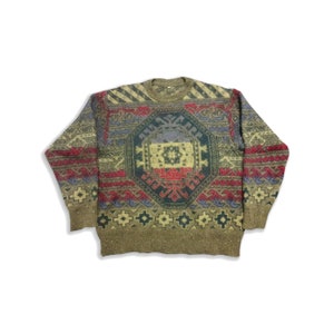 Vintage Boho Pullover Großes Azteken Kilim Muster Pullover Unisex Maglione Orientteppich Sweatshirt Pulli Trui Chandail Pullover 90er Jahre