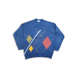 Benetton Vintage 90s Pure Wool Argyle Sweater, Large Size Men Pullover Argyle Pattern Pure Virgin Wool V Neck Knitwear Sweater Long Sleeve