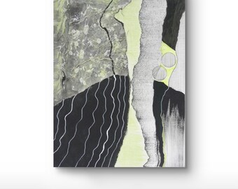 May include: A rectangular canvas painting featuring abstract shapes in black, white, grey, and lime green. The composition includes textured grey areas, solid black sections with white wavy lines, and two circular shapes outlined in lime green.