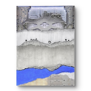 14.5 x 20 cm arte originale, collage, blu grigio bianco, arte monocromatica, regalo per la casa, arte sospesa, arte mista, moderna