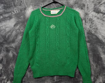 Susan Bristol Pullover Damen 34 Grün Shetlandwolle Zopfmuster Rosa Besatz Vintage