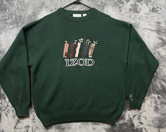 Izod Pullover Herren XL Grün Gut Vintage Golftasche Bestickt Rundhalsausschnitt Strick