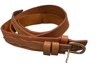 Willis & Geiger Belt Mens 38 Tan Good Leather Snakeskin Detail Brass Buckle USA
