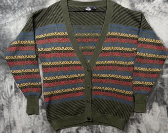 Pull Cardigan Dockers Homme M Vert Excellent vintage tricot géométrique jacquard