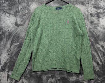 Sweter damski Polo Ralph Lauren z wełny merynosów, kaszmir, średni zielony, z warkoczowym splotem