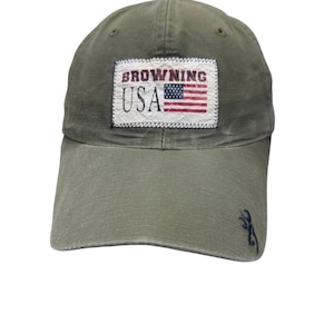 Browning Baseball Cap Mens OSFA Olive Green Good USA Flag Patch Strapback Hat