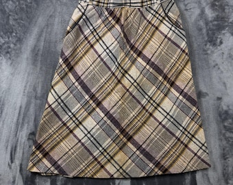 Plaid Skirt Womens 15/16 Brown Excellent A-Line Midi Pockets Vintage