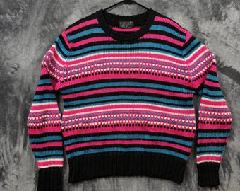 Maglione Knitivo II da donna, taglia L, a righe rosa e blu, stile vintage Fair Isle, girocollo.