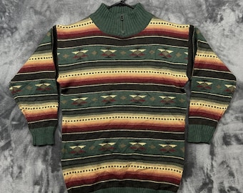She Said Quarter Zip Sweater Womens Medium Green Excellent Southwestern Vintage