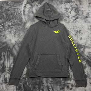 May include: A dark gray hooded sweatshirt featuring a neon yellow seagull logo on the upper left chest and the text HOLLISTER printed in neon yellow vertically down the left sleeve. The garment includes a front kangaroo pocket and long sleeves.
