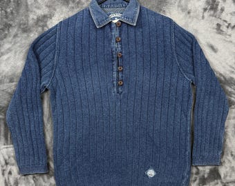 Blue Willi's Ribbed Sweater Mens M Blue Excellent Cotton Denim Look Henley