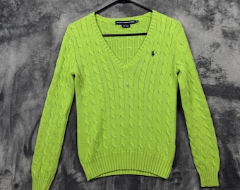 Ralph Lauren Sweater Womens M Green V-Neck Cable Knit Cotton Long Sleeve Pony