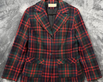 Blazer da donna Pendleton in lana, taglia 10, fantasia scozzese a quadri rossi e verdi, stile vintage, 2 bottoni.