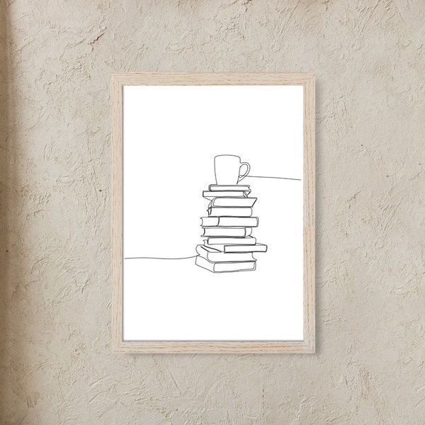 Minimalist Book Line Art. Unique drawing, printable wall decor. Cozy art for any bookworm!
