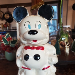 Vintage 1940s Disney Cookie Jar – Mickey + Minnie Turnabout – Hand Painted Ceramic – Disney Memorabilia