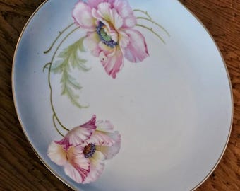 Bandeja de servir antigua de porcelana alemana pintada a mano, amapolas rosas, plato para la hora del té.