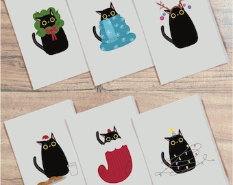 6 Pack Black Cat Christmas Cards - Funny Black Cat Cards - Blank Christmas Cat Cards - Christmas Boyfriend Cat Card - Xmas Mum Cat Card