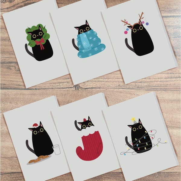 6 Pack Christmas Cat Cards - Personalised Greeting Card - Funny Black Cat - Blank Christmas Cat Cards - Black Friday Cat Christmas Cards