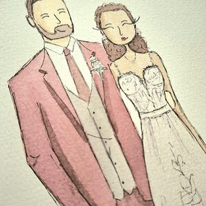 May include: A watercolour illustration of two figures standing side by side. One figure wears a dusty rose suit with a white shirt, a matching tie, and a waistcoat. The other figure wears a white strapless gown with lace detailing and a necklace.