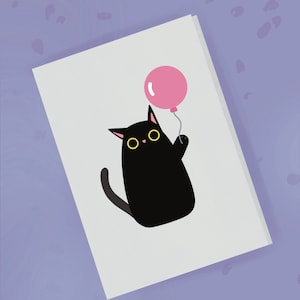 Black Cat Birthday Card - Cat Pink Balloon Card - Funny Black Cat - Card from the Cat - Girlfriend Wife Sister Friend Personalised Cat Card