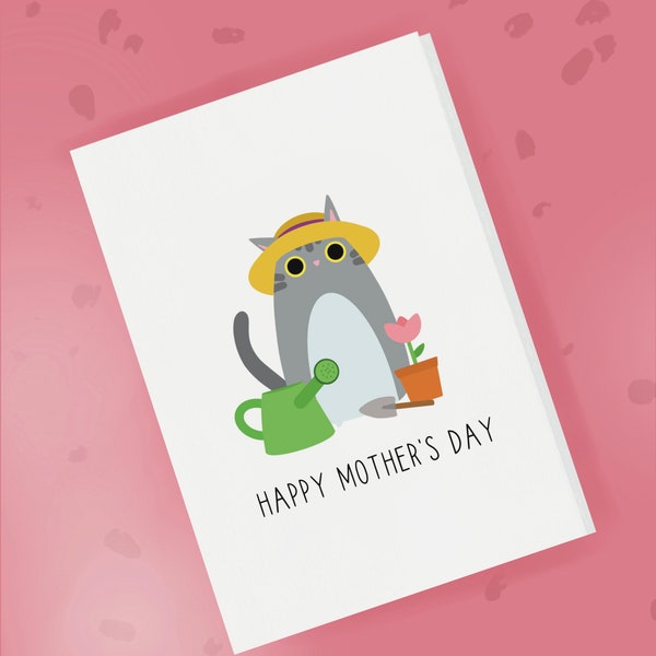 Carte de jardinage chat gris fête des mères - carte du chat - carte de jardinage fête des mères - carte jardiniers - carte chat tigré fête des mères
