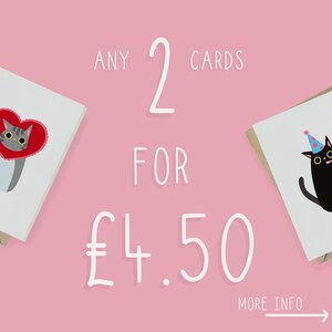 May include: Two greeting cards for &pound;4.50. The cards feature illustrations of cats. One card has a cat wearing a heart-shaped collar and the other has a cat wearing a party hat.
