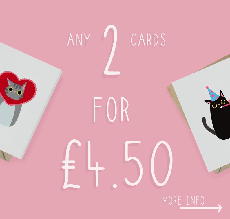 May include: Two greeting cards for &pound;4.50. The cards feature illustrations of cats. One card has a cat wearing a heart-shaped collar and the other has a cat wearing a party hat.