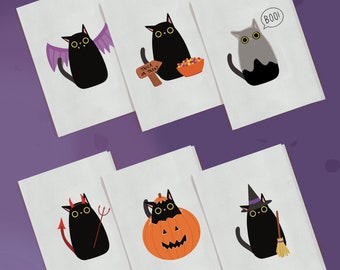 May include: Six illustrated cards featuring black cats dressed in various Halloween costumes. The cards feature a vampire cat, a witch cat, a devil cat, a cat in a pumpkin, a cat with a bowl of candy, and a cat with a "Boo!" speech bubble.
