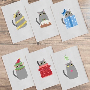 6 Pack Christmas Cat Cards - Personalised Greeting Card - Funny Grey Tabby Cat - Blank Christmas Cat Cards