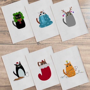 6 Pack Christmas Cat Cards - Personalised Greeting Card - Funny Brown Grey Ginger Black White Tabby Cat - Blank Christmas Cat Cards - Mixed