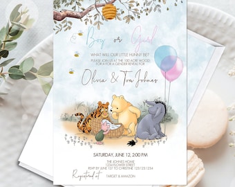 Editable Invitation for a Classic Winnie the Pooh Gender Reveal | Boy or Girl He Or She What Will Baby Bee | 100 Acre Wood Design 0001 HAW