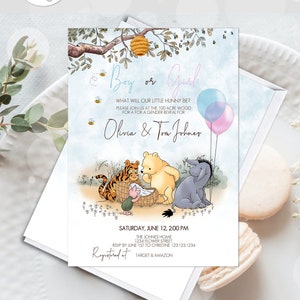 Editable Invitation for a Classic Winnie the Pooh Gender Reveal | Boy or Girl He Or She What Will Baby Bee | 100 Acre Wood Design 0001 HAW