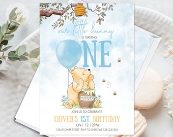 Editable Invitation 1st Birthday Boy Classic Winnie the Pooh Hundred Acre Wood Blue Balloon Hundred Acre Wood Design Template Corjl 0001.3
