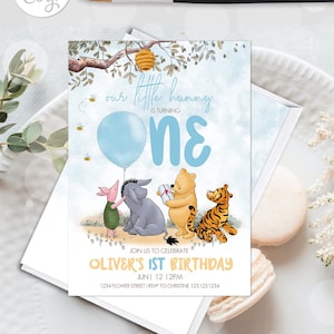 Editable Invitation Classic Winnie the Pooh Hundred Acre Wood 1st Birthday Boy Blue Balloon Hand drawn Design Template Corjl 0001.3