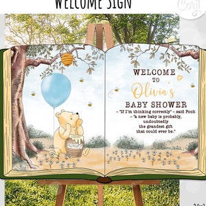 Editable Welcome sign Open Book Baby Shower Birthday Boy Classic Winnie the Pooh Hundred Acre Wood Blue Balloon Template #39B 0001 HAW