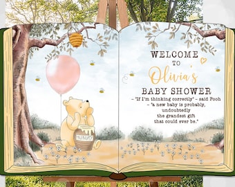 Editable Welcome sign Open Book Baby Shower Birthday Girl Classic Winnie the Pooh Hundred Acre Wood Pink Balloon Template #39P 0001 HAW