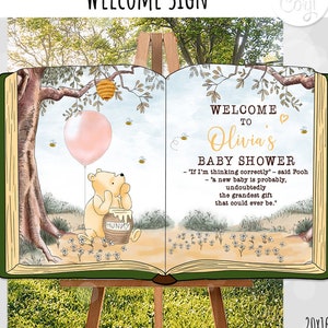 Editable Welcome sign Open Book Baby Shower Birthday Girl Classic Winnie the Pooh Hundred Acre Wood Pink Balloon Template #39P 0001 HAW