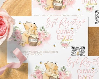 Cartes-cadeaux pour une baby shower classique avec Winnie l'ourson Liste de cadeaux QR modifiable | Fleurs roses | 0001.9