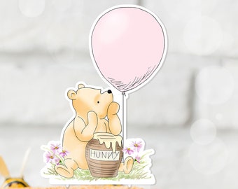 Cake Topper Classic Winnie the Pooh with pink balloon Birthday | Baby Shower  5x7&quot; DIGITAL Download 0001