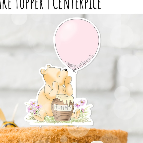 Cake Topper Classic Winnie the Pooh with pink balloon Birthday | Baby Shower  5x7" DIGITAL Download 0001