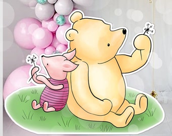 Cutout Decor Classic Winnie the Pooh with Piglet pink on grass Baby Shower Birthday Party, Cutout Prop | Stand Up Prop DIGITAL DOWNLOAD 0001