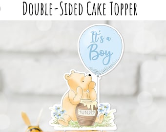 Cake Topper IT'S A BOY Classic Winnie the Pooh Baby Shower Vintage Pooh with blue balloon  Boy Party Decor Centerpiece Instant Download 0001