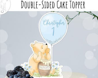 Editable Cake Topper Classic Winnie the Pooh with blue balloon Birthday Boy ANY Age Party Decor Centerpiece, Sublimation PNG 0001.3 BB 1