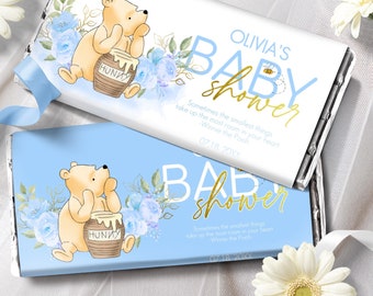 Chocolate Wrapper for a Classic Winnie Pooh Boy Baby Shower 1,55oz Candy Bar | Decorations Vintage Bear Favors Blue Flowers | 0001.10