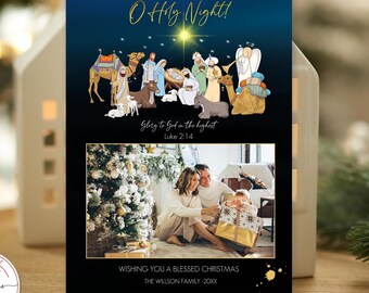 Editable Nativity Christmas Photo Card | O Holy Night Religious Holiday Card | Personalized Nativity Scene | Instant Download 0023