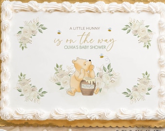 Décoration de gâteau de baby shower classique Winnie l'Ourson, neutre, personnalisable, motif de fleurs blanches dessinées à la main 0001.18