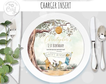 Editable  Classic Winnie the Pooh Birthday Boy|Girl Party Charger Plate Insert, download Decor Hundred Acre Wood Design 8x8 0001 HAW