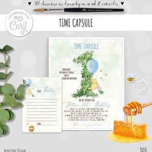 Editable Time Capsule Classic Winnie the Pooh 1st Birthday Boy Blue balloon Vintage Sky Design Digital download Template Corjl 0001VS